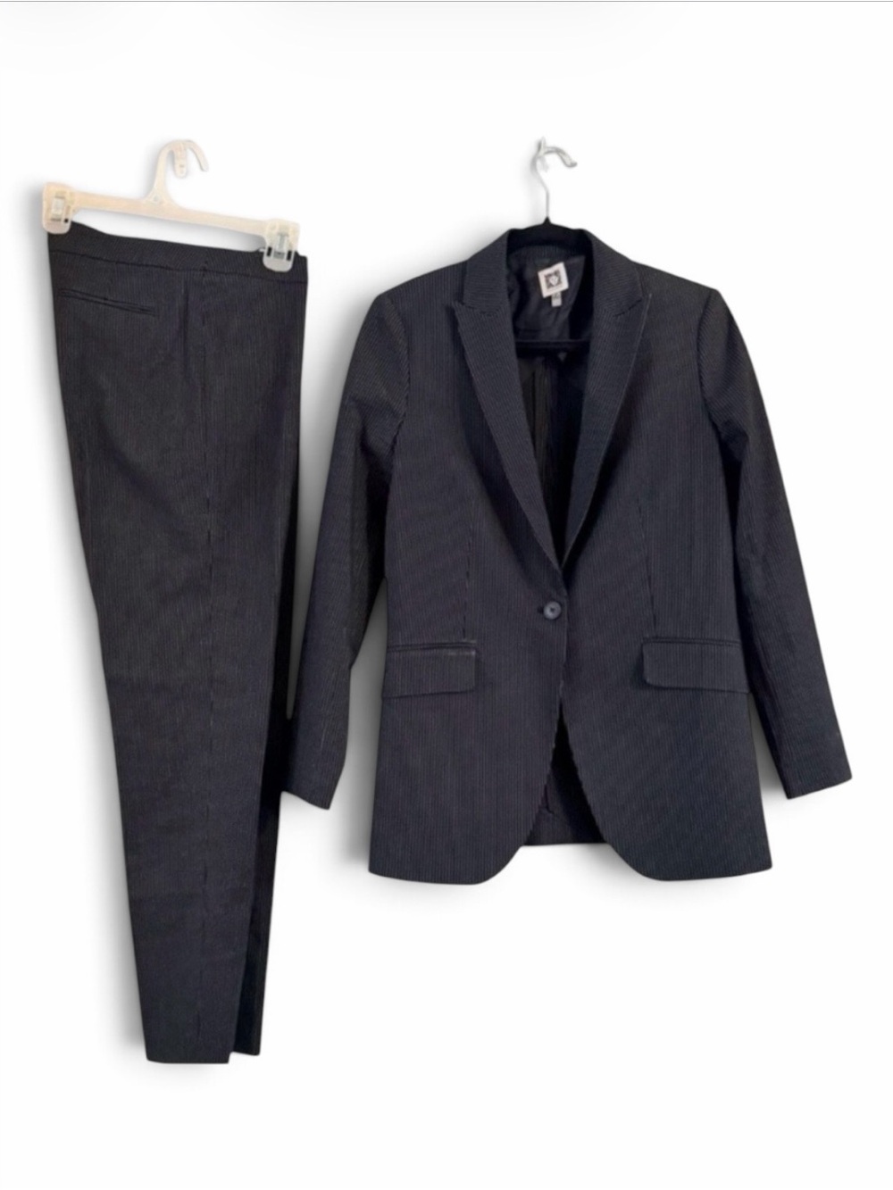 Anne Klein Black Pinstripe Pant Suit Set Blazer Trousers 2pc Size 6
